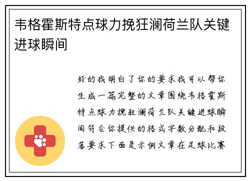 韦格霍斯特点球力挽狂澜荷兰队关键进球瞬间